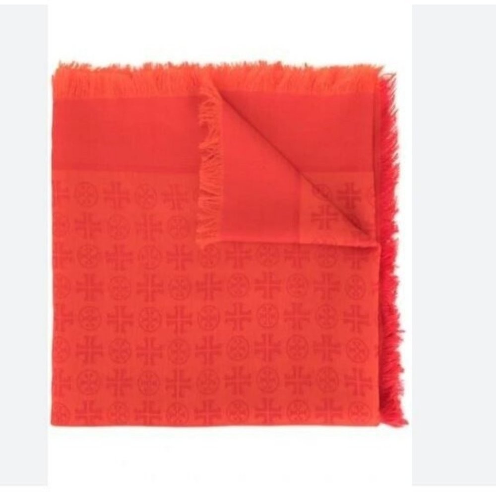 TORY BURCH logo jacquard wool and silk women's traveler scarf - BRIGHT RED - Picture 2 of 8